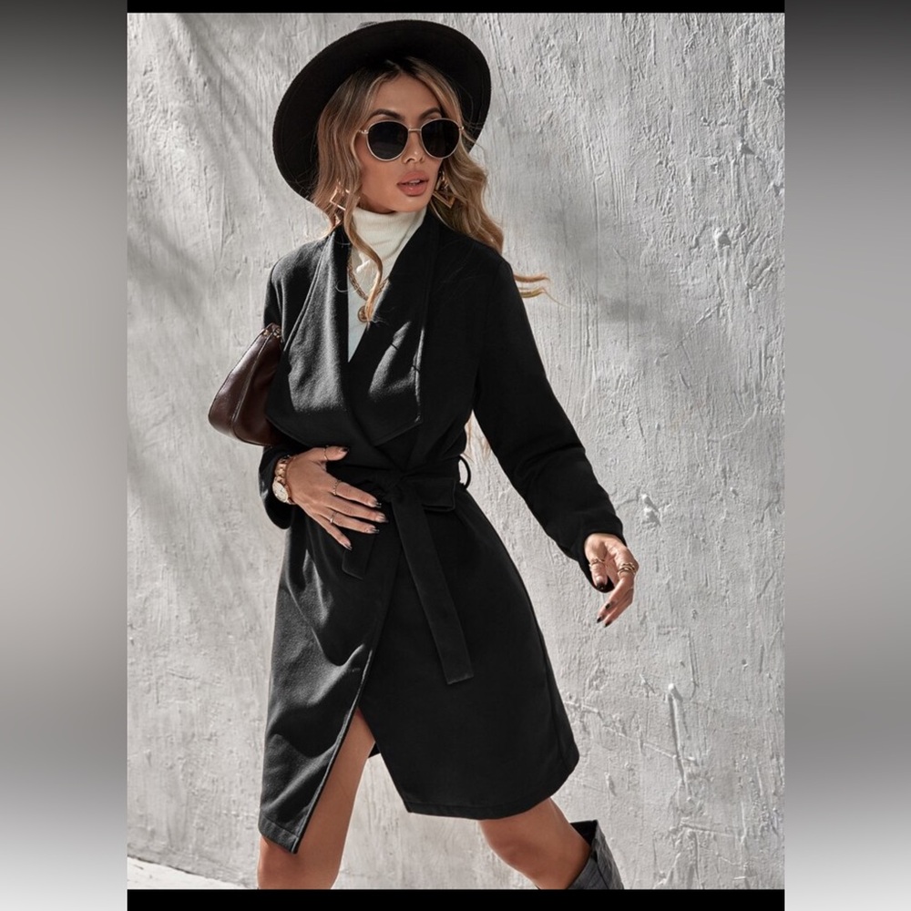 Elegant Black Belted Wrap Overcoat